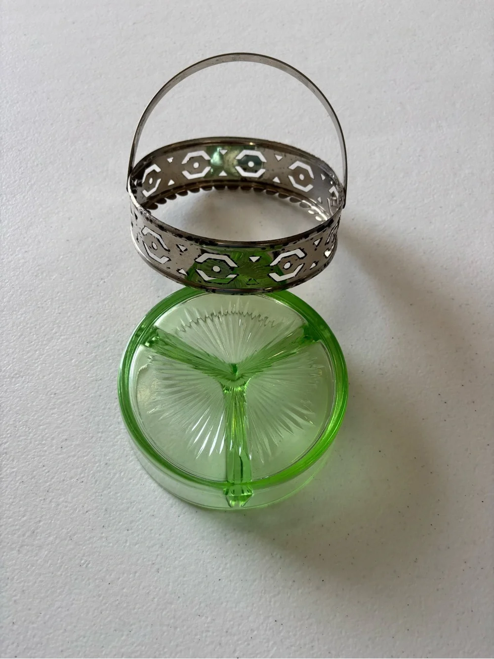 Vintage Green Glass Divided Candy Dish with Silver-Tone Basket - Picture 3 of 3